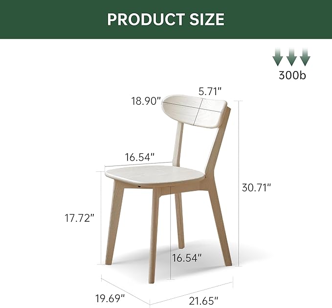 Mid Century Oak Wood Dining Chair, 100% Solid Wood Kitchen Chair with Rounding Edges & Curved Backrest, Modern Armless Accent Dining Chairs for Kitchen Dining, Cream White
