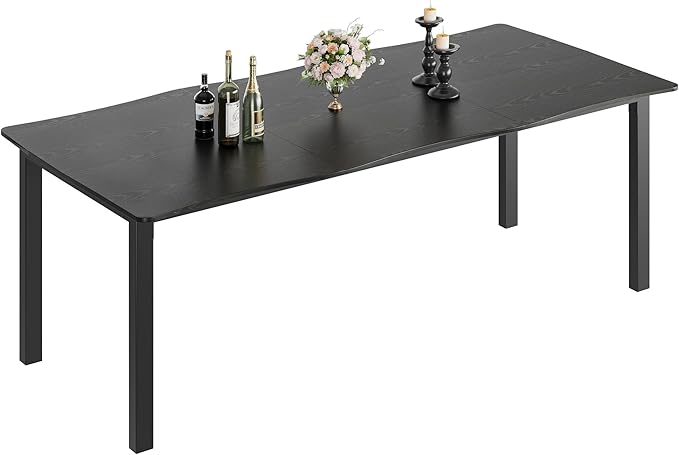78.7”Dining Table with Wave Irregular Edge, 15mm Thick MDF Top & Metal Frame, for Kitchen, Quick Assembly, Wooden Kitchen Table for 6-8, Waterproof Scratch-Resistant, Modern Black