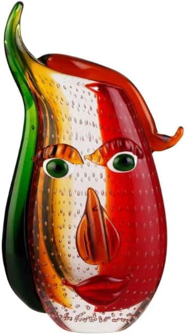 Yao Yuan Murano-Style Art Glass Vase with a Face - 12.6" Tall Mouth-Blown Artistic Sculpture with Vibrant Colors & Accents - Rich Colored Home Décor