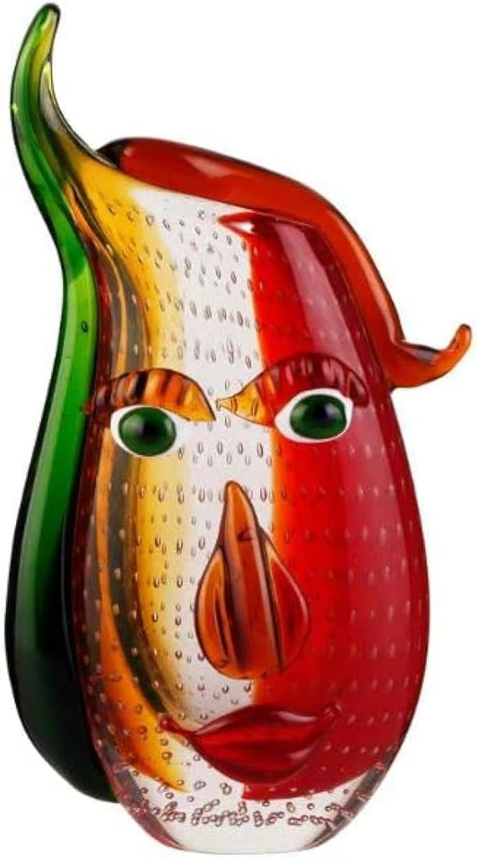Yao Yuan Murano-Style Art Glass Vase with a Face - 12.6" Tall Mouth-Blown Artistic Sculpture with Vibrant Colors & Accents - Rich Colored Home Décor