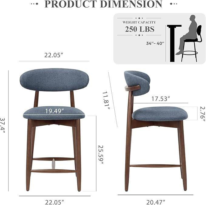 COLAMY Bar Stools Set of 6, Counter Height Bar Stools, Upholstered Counter Stools with Wood Legs for Kitchen Island Dining Room Bar, Blue