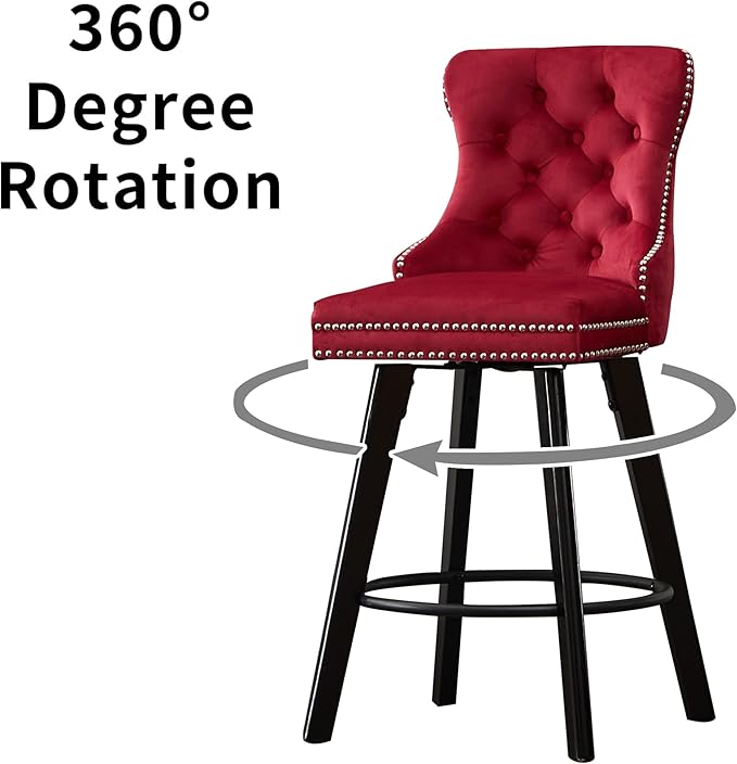YISHENG Modern Swivel 27" H Seat Set of 6 Velvet Barstools with Backrest and Footrest,Button Tufted Rivet Trim Dining Room Chairs with Metal Pull Ring for Kitchen Island，Bistro, Home Bar，Red