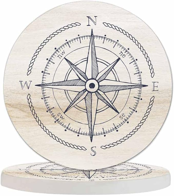 Compass Wind Rose Coaster for Drinks Individual Vintage Marine Geography Exploration Sign Wooden Background Presents for Housewarming Birthday and Family 100% Diatomite 4''X 4'',2 Pack