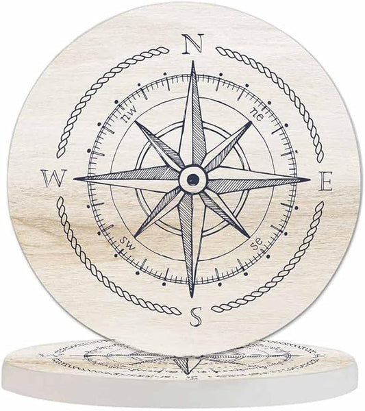 Compass Wind Rose Coaster for Drinks Individual Vintage Marine Geography Exploration Sign Wooden Background Presents for Housewarming Birthday and Family 100% Diatomite 4''X 4'',2 Pack