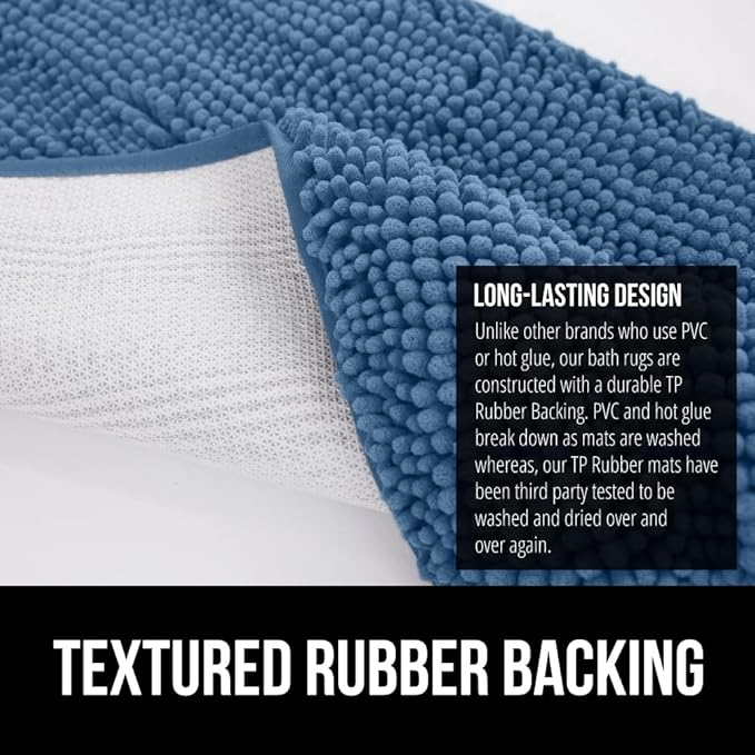 GORILLA GRIP Plush Absorbent Shaggy Chenille Bath Rug Mat for Oval Toilet Base with Rubber Backing, Machine Washable Rugs, Soft Microfiber Contour Mats for Toilets, Bathroom Decor, Blue