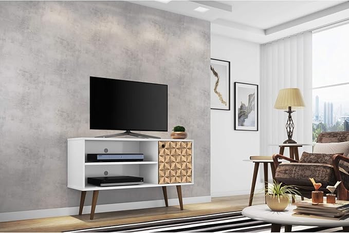 Manhattan Comfort Liberty Mid Century Modern TV Stand for Televisions up to 46 Inches, Bedroom and Living Room Entertainment Center with Storage, Shelves, and Cabinet, 43" Wide, White/3d Print
