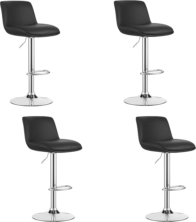 MINCETA Bar Stools,Modern Upholstered Swivel Stool with Back for Bar and Counter Height, Adjustable Height 24" to 34",Set of 4,PU in Black.