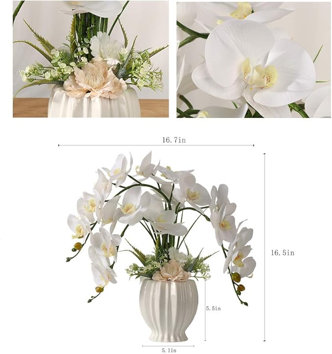 LESING Artificial Potted Orchid Flower for Table Centerpieces,Real Touch White Fake Orchid Flowers in Vase for Home Decoration (Style 3,White Vase)