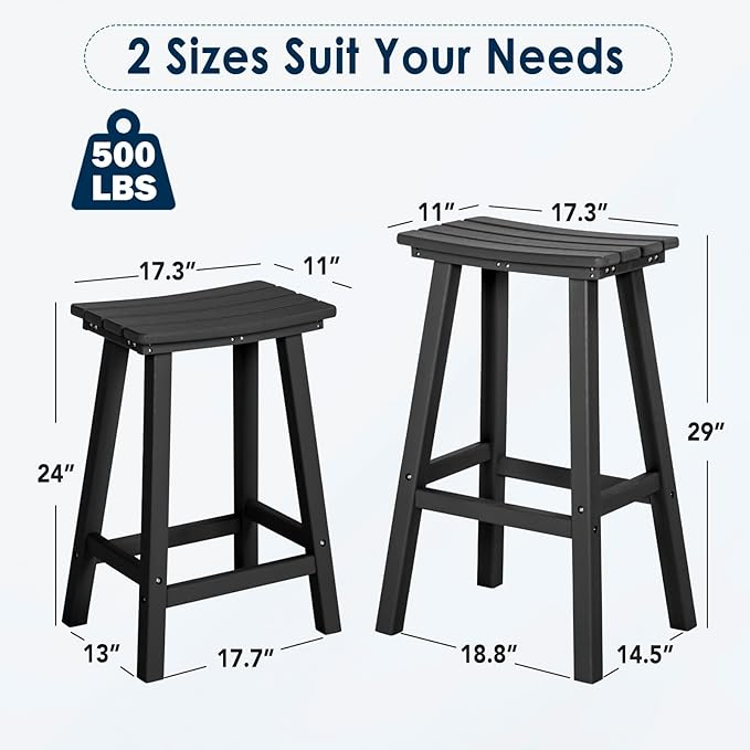 nalone 24 Inch Outdoor Bar Stools Set of 2, HDPE Bar Chairs with Footrest, Weather Resistant Barstool Outside Stools for Bars, Kitchen Counter, Balcony(Black, 24'' Barstools Set of 2)