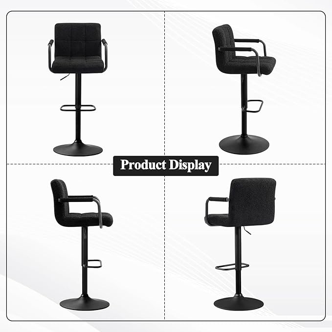 Furniliving Swivel Bar Stools Set of 4, Adjustable Kitchen Counter Height BarStools with Arms, Sherp Upholstered Bar Chair with Back and Footrest for Dining Room, Kitchen, Pub, Bar (Black)