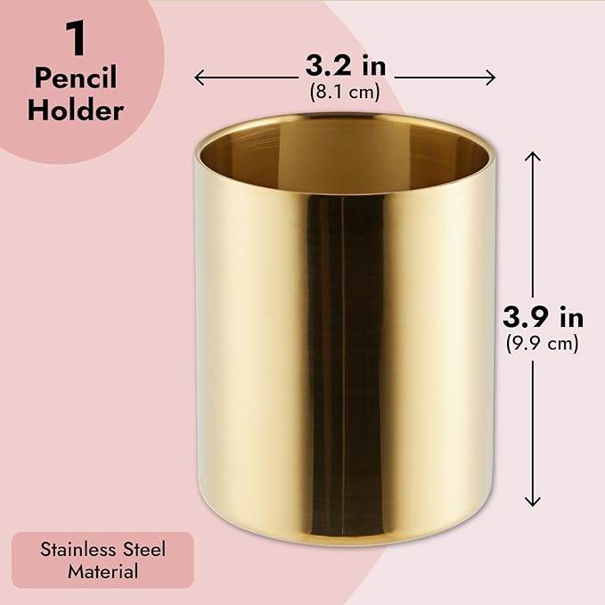 Juvale Desk Organizer Pen & Pencil Holder - 3.2 x 3.9 in, Gold Stainless Steel - Desk Supply Organizer with Gold Pen Cup, Makeup Brush Cup & Vanity Brush Holder