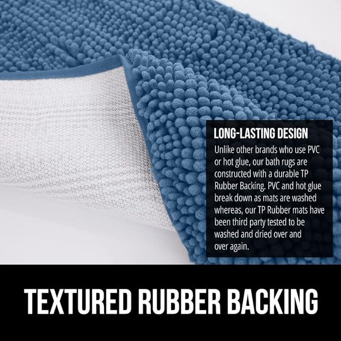 GORILLA GRIP Bath Rug Mat 48x17, Thick Soft Absorbent Chenille, Quick Dry Microfiber Mats, Rubber Backing Washable Shower Floor Rugs, Bathmat Runner, US Designed Bathroom Home Decor Accessories Blue