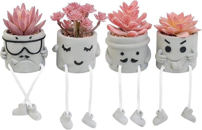 Set of 4 Artificial Potted Mini Succulent Plants - Small Fake Succulents in Hanging Leg Cement Pots, Desk/Bathroom/Bookshelf/Wall Decor for Home Office, Cute Office Decor for Women (Pink)