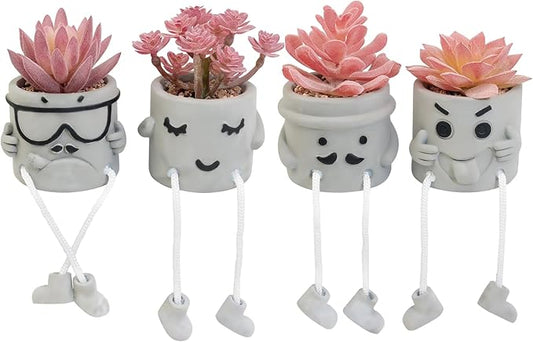 Set of 4 Artificial Potted Mini Succulent Plants - Small Fake Succulents in Hanging Leg Cement Pots, Desk/Bathroom/Bookshelf/Wall Decor for Home Office, Cute Office Decor for Women (Pink)
