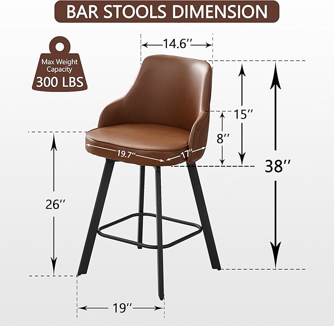 Bar Stools Set of 4, 26" Swivel Counter Height Bar Stools with High Back, Faux Leather Kitchen Barstools Counter Height for Kitchen Island (Dark Brown, 4PCS 26" Counter Stools)