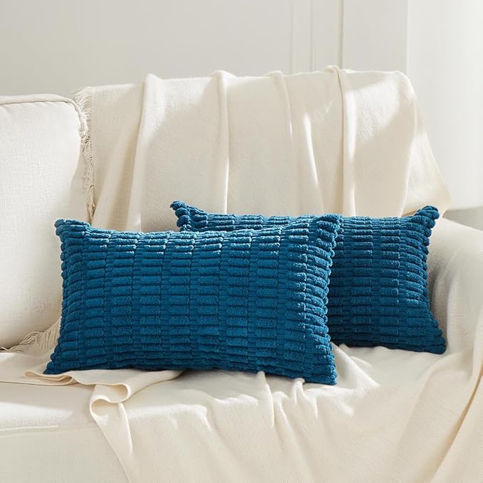 Fancy Homi 2 Packs Teal Decorative Throw Pillow Covers 16x24 Inch for Living Room Couch Bed Sofa, Rustic Farmhouse Fall Home Decor, Soft Striped Corduroy Square Cushion Case 40x60 cm