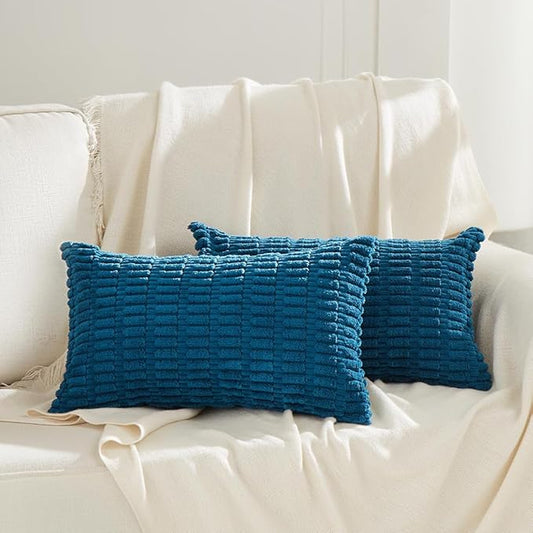 Fancy Homi 2 Packs Teal Decorative Throw Pillow Covers 16x24 Inch for Living Room Couch Bed Sofa, Rustic Farmhouse Fall Home Decor, Soft Striped Corduroy Square Cushion Case 40x60 cm