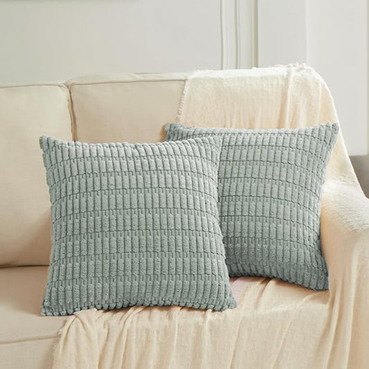 Fancy Homi 2 Packs Grey Blue Decorative Throw Pillow Covers 24x24 Inch for Living Room Couch Bed Sofa, Rustic Farmhouse Boho Home Decor, Soft Striped Corduroy Square Cushion Case 60x60 cm