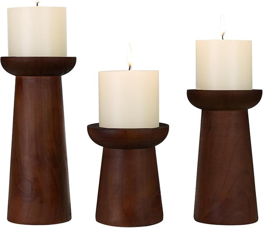 Pillar Candle Holders Set of 3， Wooden Candle Holders， Decorative Wood Candlestick Holders for Living Room, Table Centerpiece for Wedding, Christmas, Party, Home - 4", 6", 8"