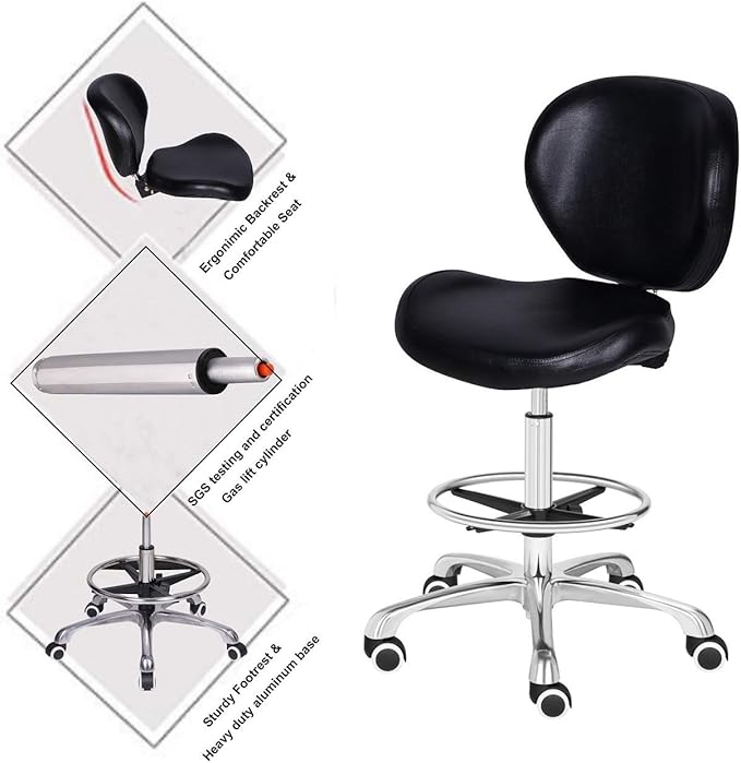 Kaleurrier Adjustable Stool Drafting Chairs: Tall Office Chair for Standing Desk with Backrest & Foot Rest - Ergonomic Drafting Stools with Rolling Wheels for Shop Studio Dental Salon Home(Black)
