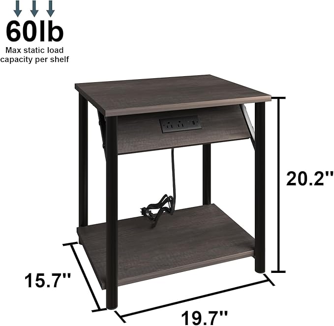 Night Stands Set of 2, Small End Tables with Charging Station, Small Side Tables for Living Room, Bedside Tables with 2-Tier Storage Shelf, Nightstand with Outlets and USB Ports, Rustic Grey/Black