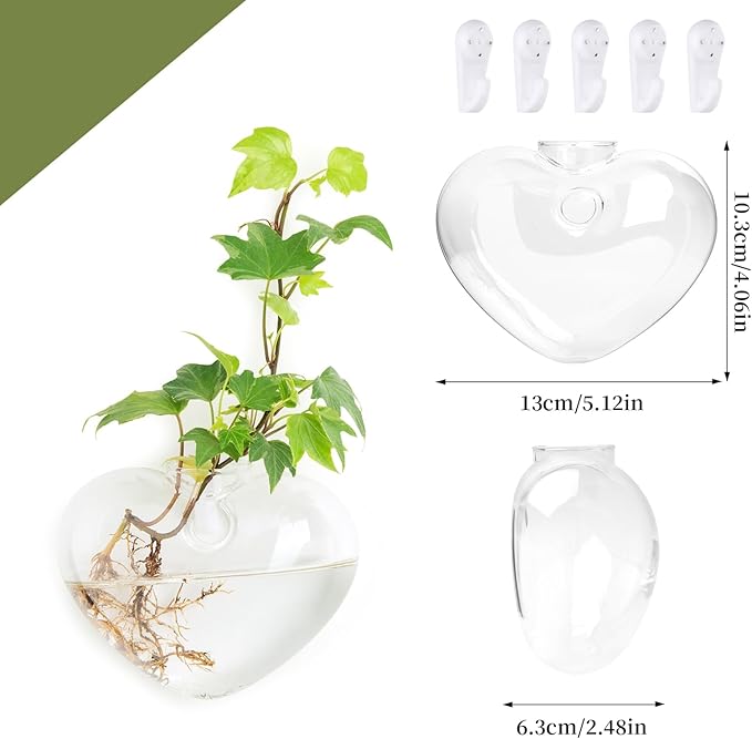 XXXFLOWER Wall Hanging Glass Terrariums，Clear Planters Propagation Station Glass Flower Vase,Air Plant Terrariums for Hydroponic Plants,Home Office Decor,Gifts,Heart-Shaped Set of 4