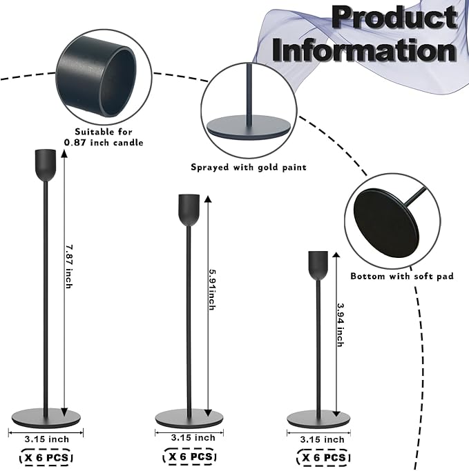 18 PCE Black Candle Holders Set, Vintage Taper & Pillar Candle Sticks for Wedding, Dining Table, Fireplace Mantel, Elegant Home Decor, Housewarming Gift, Festive Centerpiece