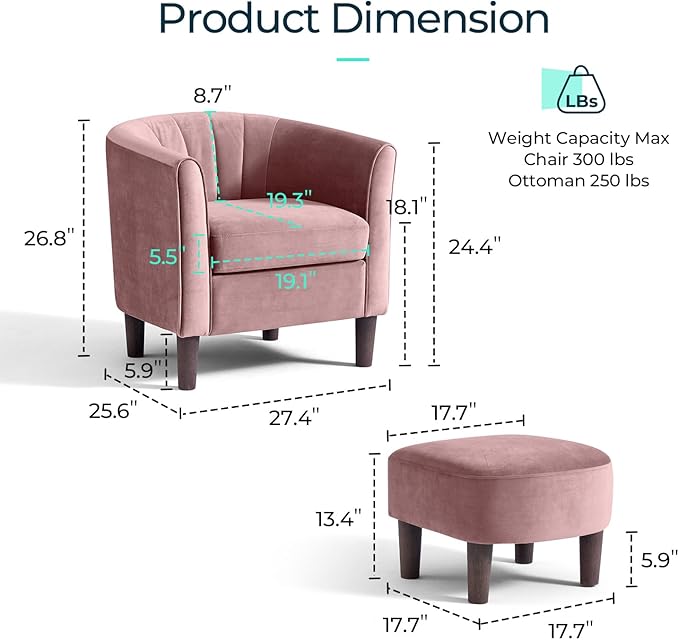 LINSY Accent Chair with Ottoman, Modern Barrel Chair Small Armchair Reading Chair with Footrest, Comfy Round Arms Chair for Living Room Bedroom Reading Room, Velvet, Pink