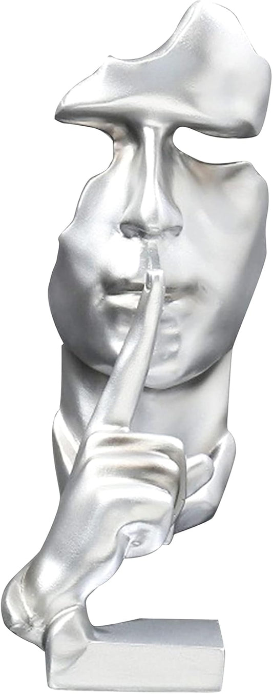Silence is Golden Thinker Statue - 28cm Modern and Creative Abstract Sculpture of Keep Silent Man Statue Figurine for Home Living Room Office Desk Decor (Silver)
