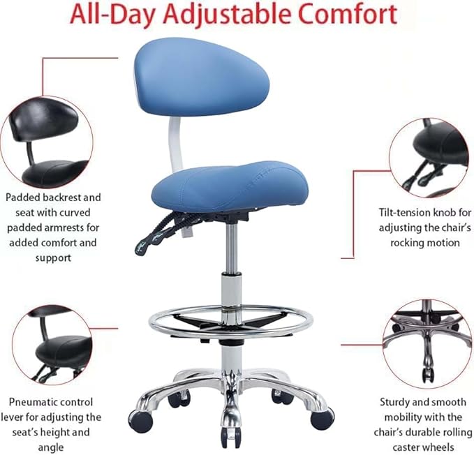 Saddle Stool Chair with Backrest and Foot Ring, Ergonomic Rolling Esthetician Seat for Salon, Tattoo Shop, Spa, Facial lash Home, Dentist Clinic, Esthetician Chair, Blue