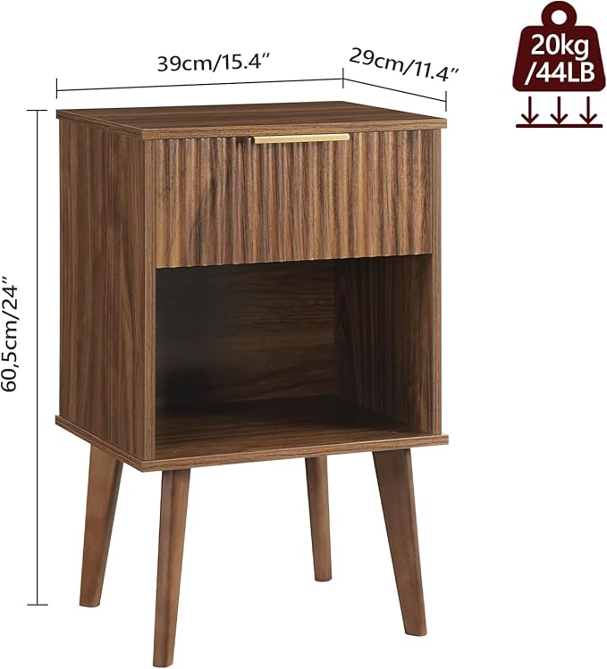 End Table, Fluted Night Stand, Modern Side Table, Bedside Table with 1 Drawer and 1 Open Compartment, Mid Century Nightstand, for Living Room, Bedroom, Study, Office, Walnut ETWA6201