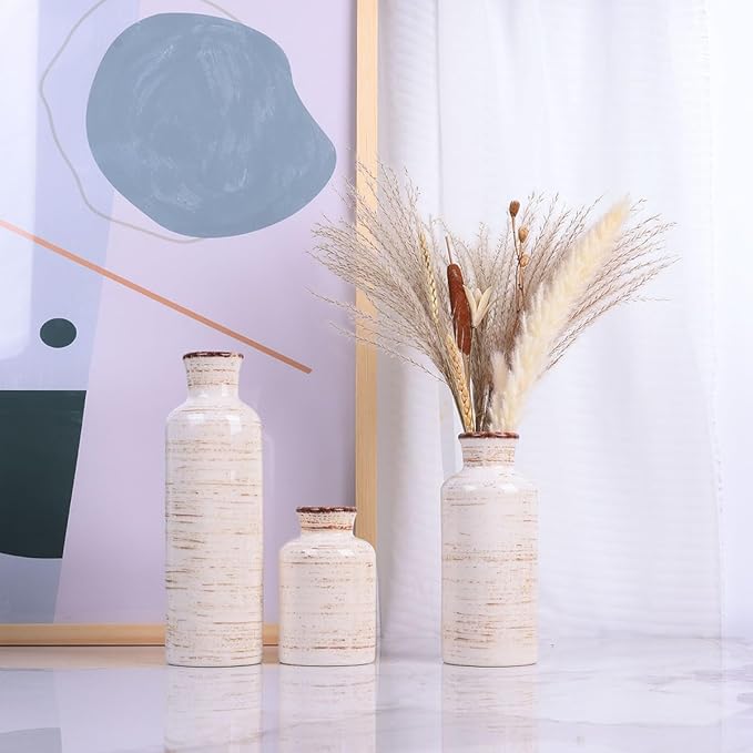 Ceramic Vase 3 Piece Set, Farmhouse Decor Ceramic Small Vases for Country Home, Decorative Vases for Centerpieces, Living Room, Table, Fireplace, Entryway and Modern Rustic Home Decor