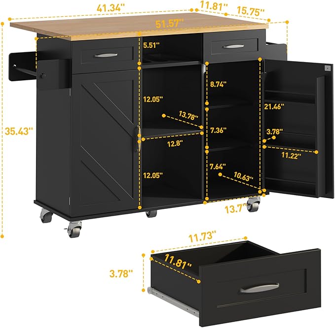 51.5'' Rolling Kitchen Island with Storage Cabinet & Drawers, Drop Leaf Kitchen Cart on Wheels, Farmhouse Portable Mobile Islands, Large Butcher Block Table with Tower/Spice Rack, Black