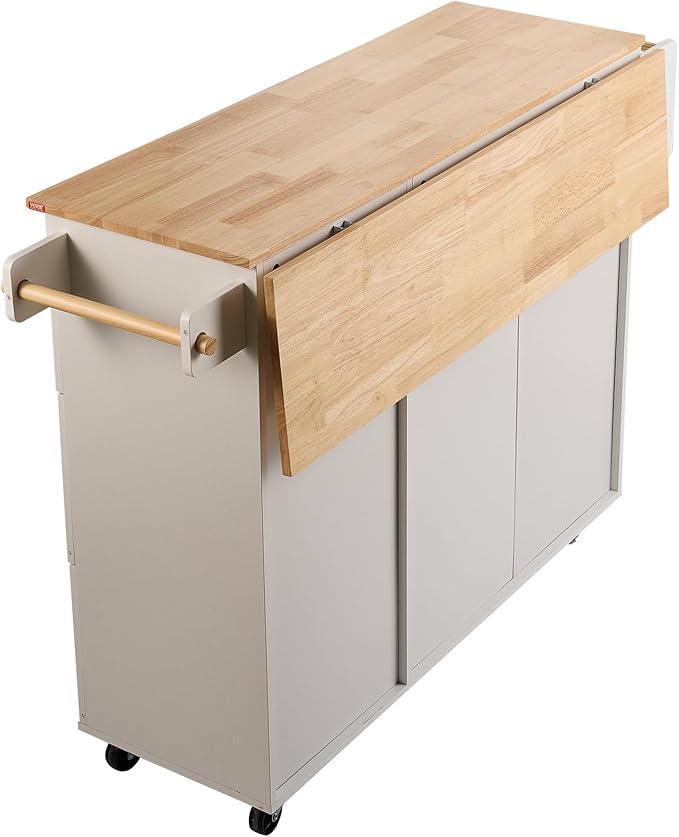 VEVOR Kitchen Island Cart, 45.3x39 inch Rolling Kitchen Table, Mobile Carts with Storage Cabinet and Solid Wood Top, Portable Islands with Wheels, Spice Rack, Towel Rack, Drop Leaf and Drawer, White