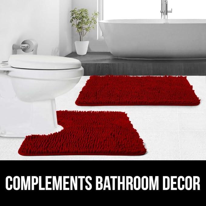 GORILLA GRIP Plush Absorbent Shaggy Chenille Bath Rug Mat for Oval Toilet Base with Rubber Backing, Machine Washable Rugs, Soft Microfiber Contour Mats for Toilets, Bathroom Decor, Red