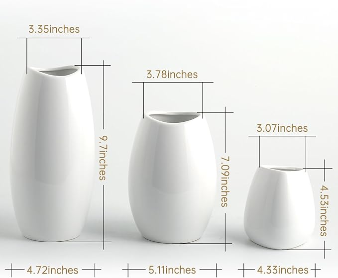 hjn Ceramic Vase Set of 3 White Flower Vase for Home Decor, Modern Decorative Vases for Flowers/Ideal Shelf Decor/Table/Living Room/Kitchen/Office-White