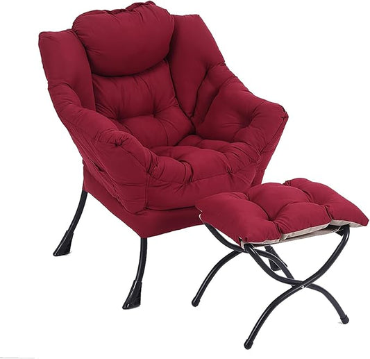 LITA Lazy Chair with Ottoman, Modern Accent Leisure Upholstered Sofa, Contemporary Lounge Reading Chair with Armrests and a Side Pocket for Living Room, Bedroom & Small Space, Burgundy