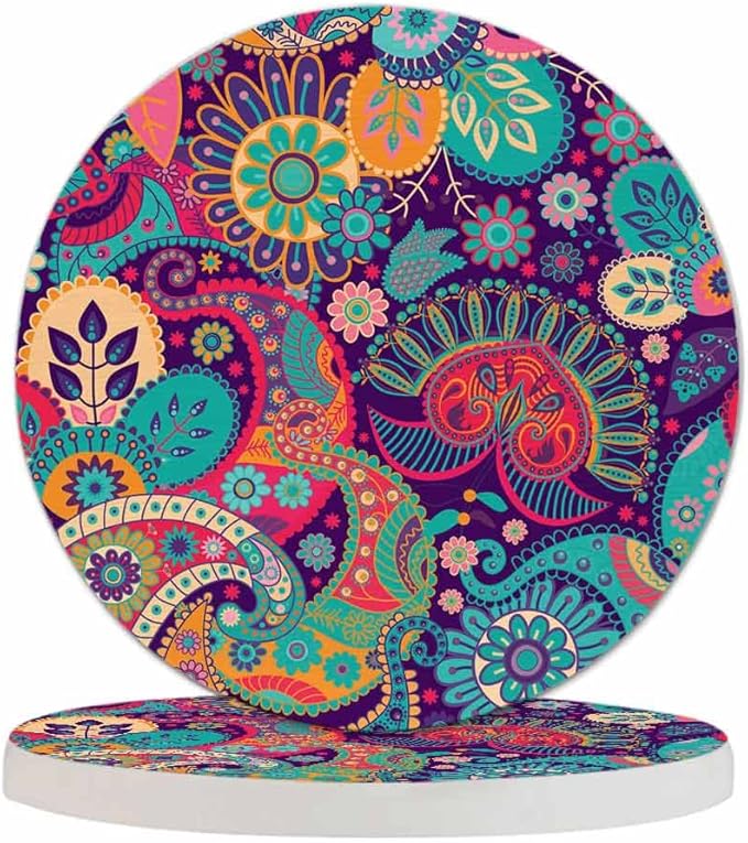 Colorful Floral Coasters for Drinks Exotic Paisley Curly Ethnic Fantastic Artistic Stylized Flowers for Tabletop Protection Coffee Table Living Room Kitchen Office Home Decor 2 Pcs,4 Inch