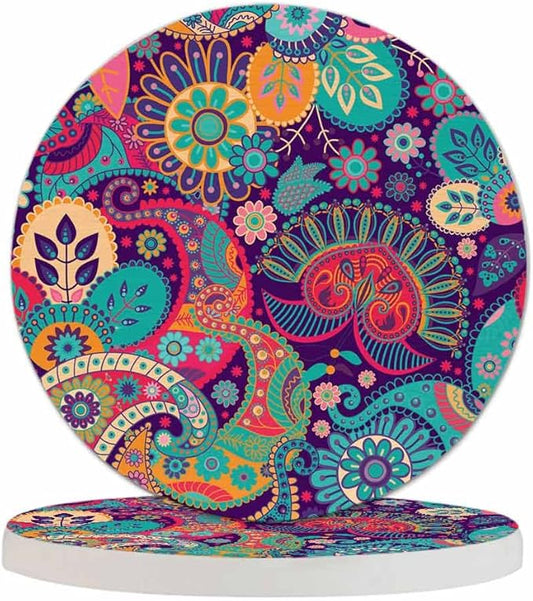 Colorful Floral Coasters for Drinks Exotic Paisley Curly Ethnic Fantastic Artistic Stylized Flowers for Tabletop Protection Coffee Table Living Room Kitchen Office Home Decor 2 Pcs,4 Inch