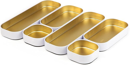 Three by Three Seattle 6 Piece Shallow Metal Organizer Tray Set for Storing Makeup, Stationery, Utensils, and More in Office Desk, Kitchen and Bathroom Drawers (1 Inch, Gold and White)