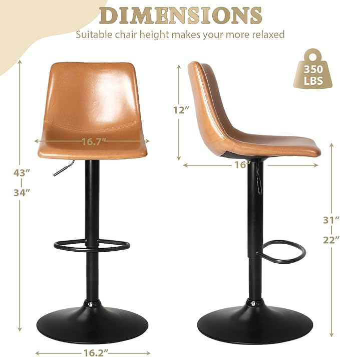 LEMBERI Bar Stools Set of 4 Modern Swivel Adjustable Barstools Counter Height with Backrest, Faux Leather Upholstered Bar Chairs for Kitchen Island (Whisky)