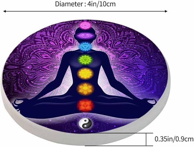 Meditating Woman in Lotus Pose Cup Coasters Set of 2 Aura Glow Spiritual Colorful 9 Chakras Mandala Wooden Table Apartment Decor 100% Diatomite for Drinking Glasses,4 Inches