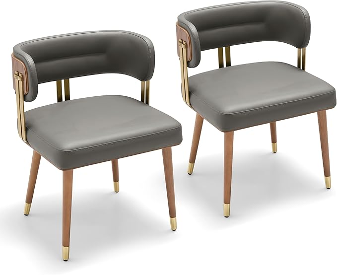 Modern Mid-Century Upholstered Leather Dining Chairs Set of 2 with Thick High-Resilience Foam, Walnut Wood Veneer,Dining Chairs with Anti-Slip Pads,Grey