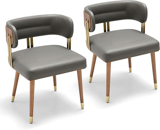Modern Mid-Century Upholstered Leather Dining Chairs Set of 2 with Thick High-Resilience Foam, Walnut Wood Veneer,Dining Chairs with Anti-Slip Pads,Grey