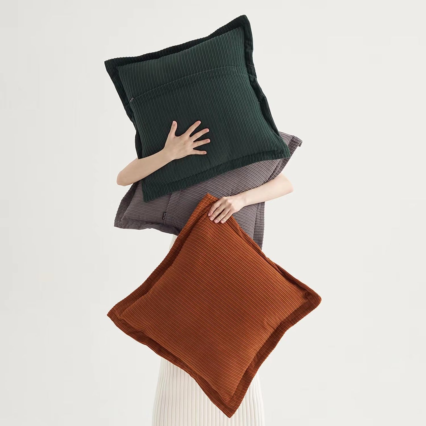 Pack of 3 Vintage Cushion Covers, Textured Corduroy Large Pillow Covers 24x24inch, Soft Touch for Living Rooms, Bedroom,Sofa, Studies(Slate Grey, Dark Green & Rust) Set of 3