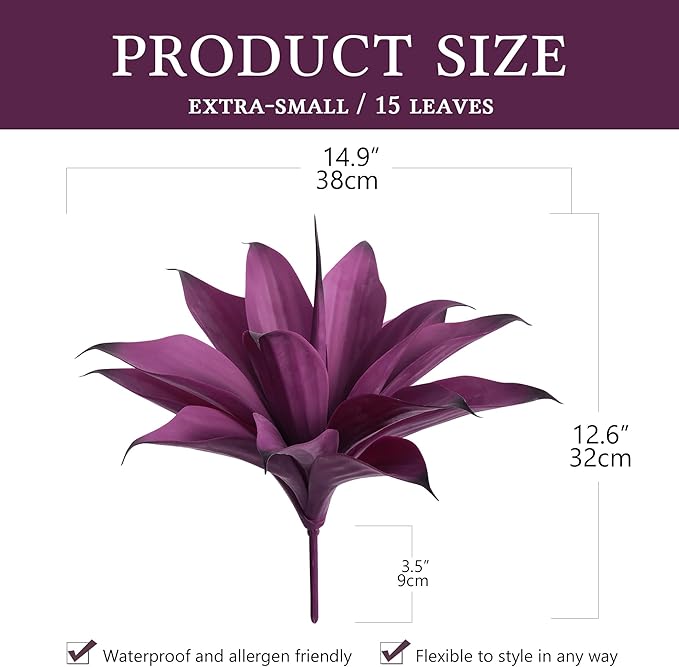 Artificial Agave 15In Faux Agave Fake Greenery Outdoor Artificial Plant Fake Plant for Indoor Home Decoration Plastic Plant Outdoor Decoration Front Porch Decor Simulation Plants 2Pack,Purple