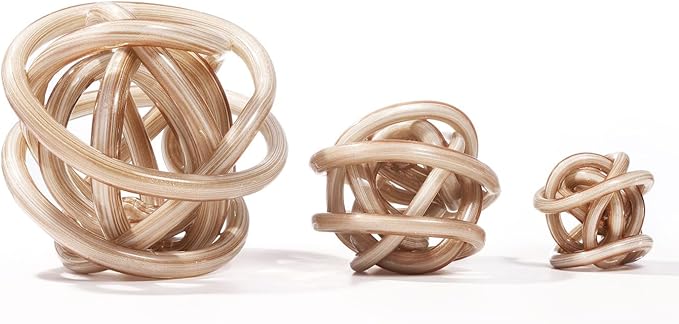 Luxury Lane Hand Blown Infinity Knot Sommerso Decorative Glass Ball for Bowls Home Decor 8 inch Tall Orbit Centerpiece Table Decoration Sculpture White Gold