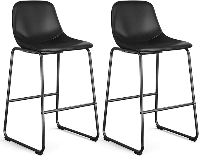Rfiver Pu Faux Leather Bar Stools Set of 2, Industrial Pub Barstools with Back and Footrest, Modern Armless Bar Height Stool Chairs (Black, 30" Barstool x2)
