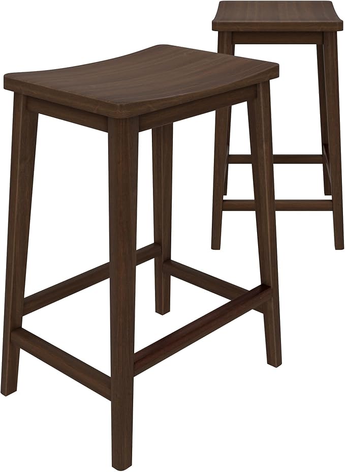 Plank+Beam Smythe Counter Stool, 24", Set of 2, Sturdy Wood Modern Kitchen Counter Height Stool, Saddle Seat Backless Counter Chair, Metal Footrest, Walnut