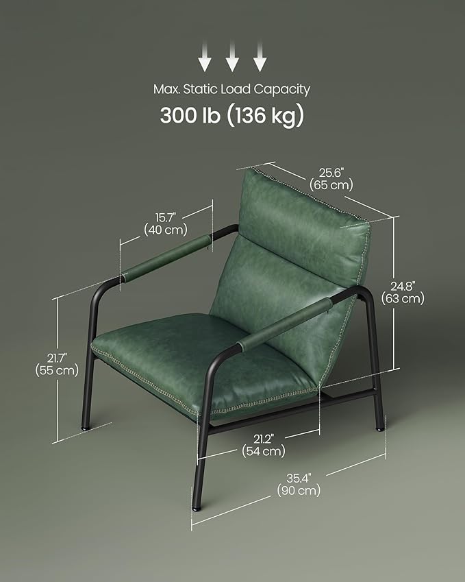 VASAGLE EKHO Collection - Accent Chair, Metal Framed Armchair, Synthetic Leather with Stitching, Mid-Century Modern, Sling Chair for Living, Bedroom, Reading Room, Lounge, Forest Green ULAC014C01